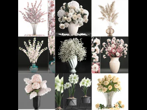 Collection of white flower bouquets in vases 27 pieces 3D Model