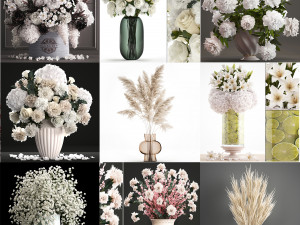 Collection of white flower bouquets in vases 27 pieces 3D 모델