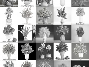 Collection of white flower bouquets in vases 27 pieces 3D 모델