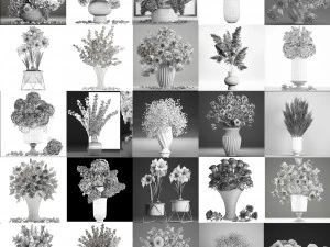 Collection of white flower bouquets in vases 27 pieces 3D Model