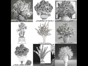 Collection of white flower bouquets in vases 27 pieces 3D 모델