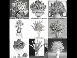 Collection of white flower bouquets in vases 27 pieces 3D Model