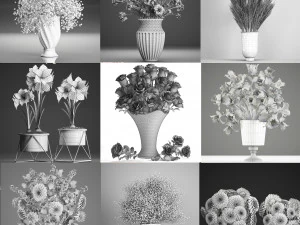 Collection of white flower bouquets in vases 27 pieces 3D Model