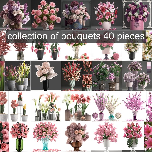 Collection of pink flower bouquets in vases 40 pieces Modelo 3D .c4d .max .obj .3ds .fbx .stl .blend 