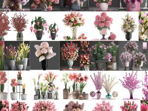 粉红色花束插在花瓶中的集合 40 件 3D 模型