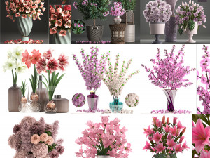Collection of pink flower bouquets in vases 40 pieces Modelo 3D