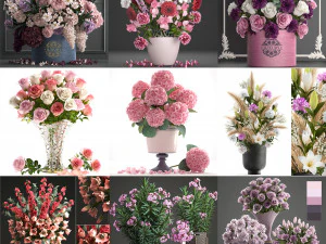 粉红色花束插在花瓶中的集合 40 件 3D 模型