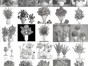 粉红色花束插在花瓶中的集合 40 件 3D 模型