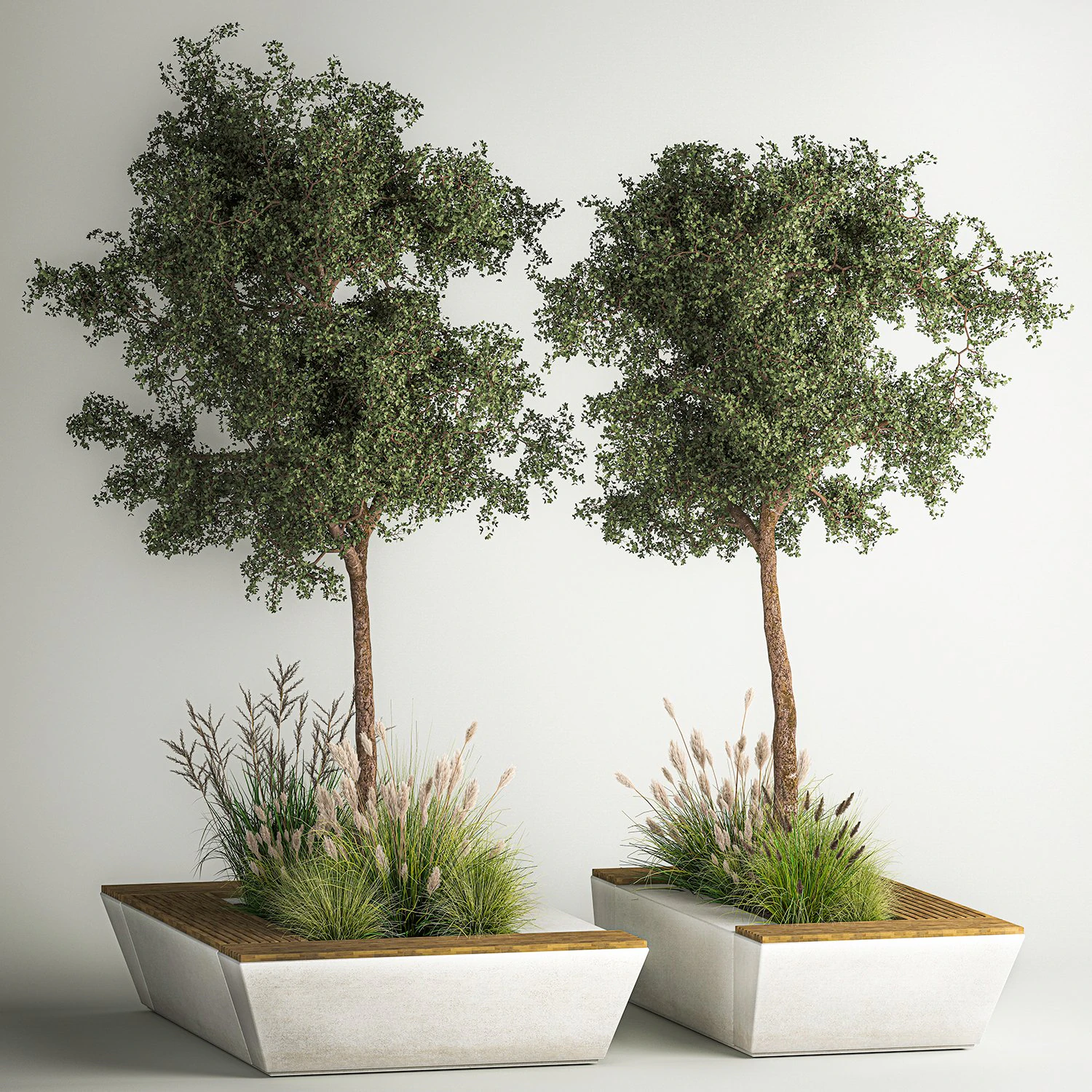 Árboles para paisajismo con banco y arbustos 1129. Modelo 3D .c4d .max .obj .3ds .fbx .stl .blend