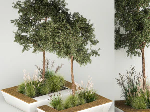 &Aacute;rboles para paisajismo con banco y arbustos 1129. Modelo 3D