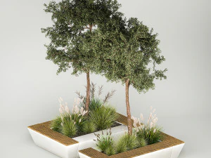 &Aacute;rboles para paisajismo con banco y arbustos 1129. Modelo 3D