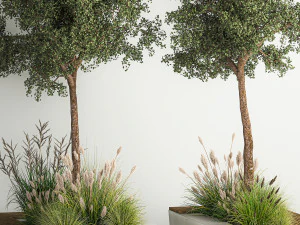 &Aacute;rboles para paisajismo con banco y arbustos 1129. Modelo 3D