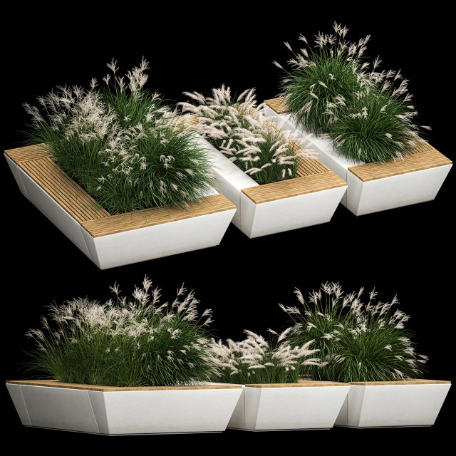 Bench flowerbed with bushes made of reeds and feather grass 1133 Modelo 3D .c4d .max .obj .3ds .fbx .stl .blend 