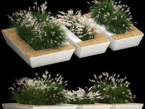 Bench flowerbed with bushes made of reeds and feather grass 1133 3D Model