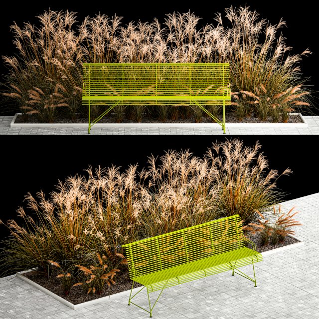 Flowerbed Bench With Bushes Feather Grass 1135 3D मॉडल .c4d .max .obj .3ds .fbx .stl .blend 