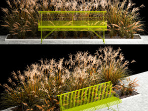 Flowerbed Bench With Bushes Feather Grass 1135 3D Model