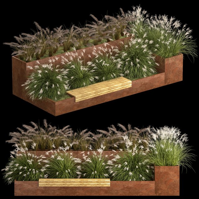 Flowerbed With Bushes In Rusty Flowerpots 1137 Modelo 3D .c4d .max .obj .3ds .fbx .stl .blend 