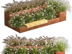 Flowerbed With Bushes In Rusty Flowerpots 1137 Modelo 3D