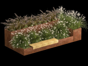 Flowerbed With Bushes In Rusty Flowerpots 1137 Modelo 3D