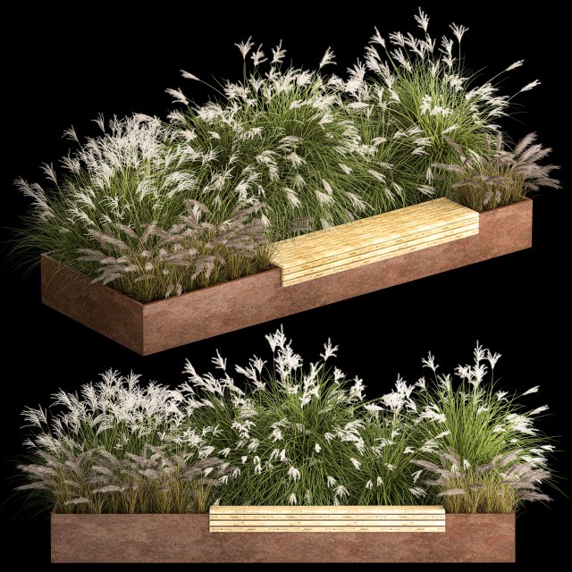 Flowerbed With Bushes In Rusty Flowerpots 1138 3D-Modell .c4d .max .obj .3ds .fbx .stl .blend 
