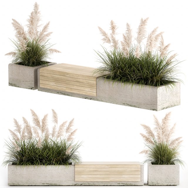 Bench With Flowerpot And Bushes For Outdoor Decor 1144 Modelo 3D .c4d .max .obj .3ds .fbx .stl .blend 