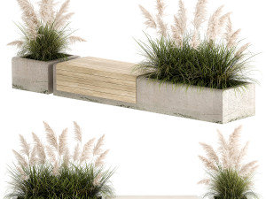 Bench With Flowerpot And Bushes For Outdoor Decor 1144 3D Model