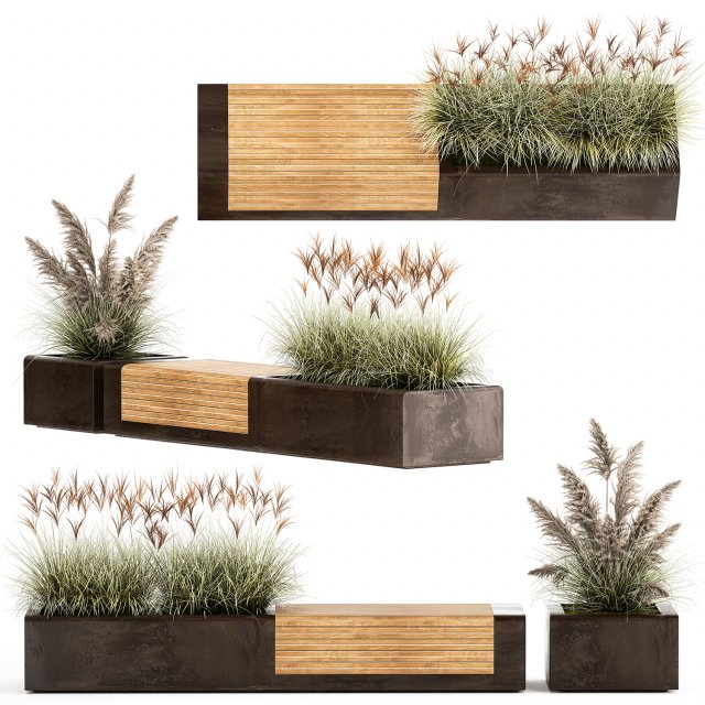 Bench With Flowerpot And Bushes For Outdoor Decor 1143 Modelo 3D .c4d .max .obj .3ds .fbx .stl .blend 
