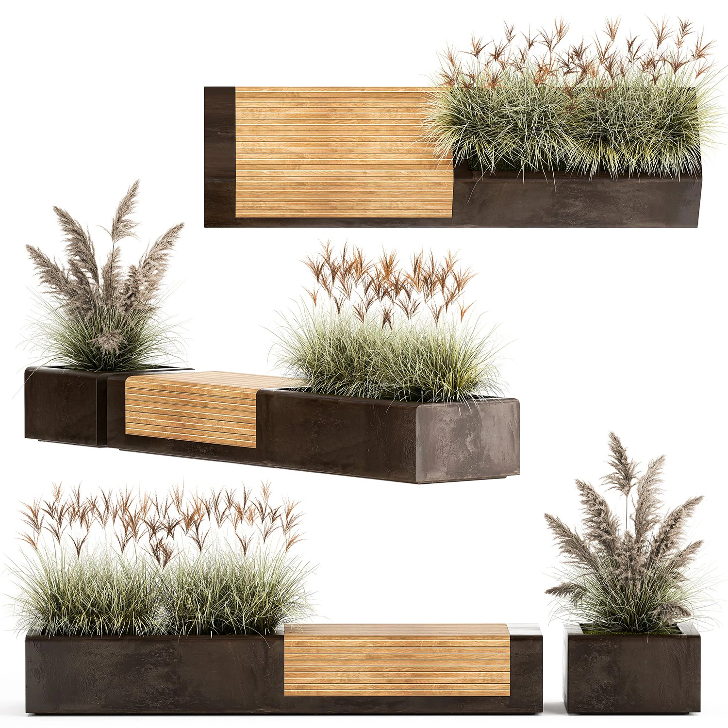 Bench With Flowerpot And Bushes For Outdoor Decor 1143 3D Model .c4d .max .obj .3ds .fbx .stl .blend 