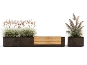 Bench With Flowerpot And Bushes For Outdoor Decor 1143 3D Model