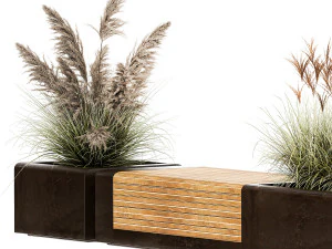 Bench With Flowerpot And Bushes For Outdoor Decor 1143 3D Model