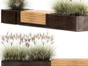 Bench With Flowerpot And Bushes For Outdoor Decor 1143 3D Model