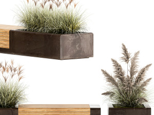 Bench With Flowerpot And Bushes For Outdoor Decor 1143 Modelo 3D
