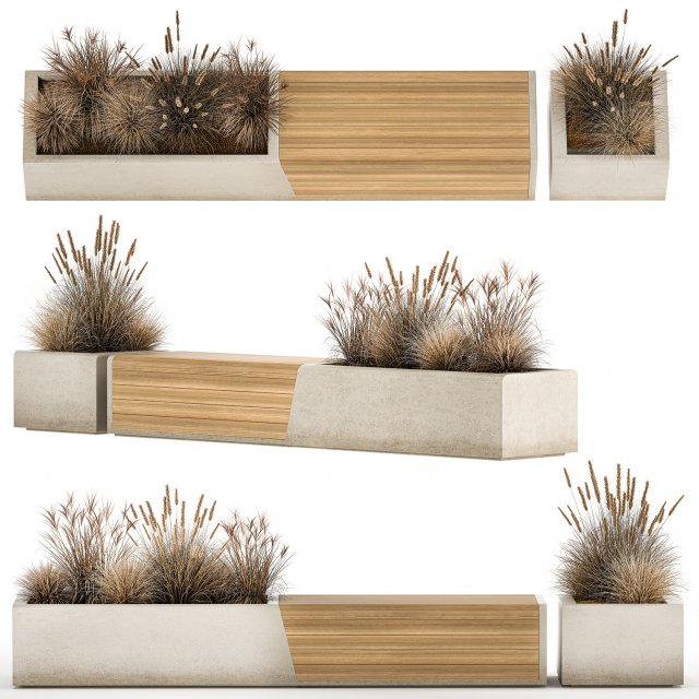 Bench With Flowerpot And Bushes For Outdoor Decor 1142 Modelo 3D .c4d .max .obj .3ds .fbx .stl .blend 