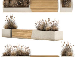 야외 장식용 화분과 관목이 있는 벤치 1142 3D 모델