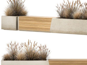 Bench With Flowerpot And Bushes For Outdoor Decor 1142 3D Model