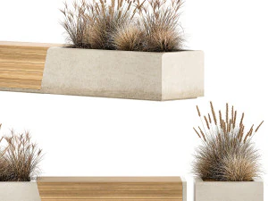 Bench With Flowerpot And Bushes For Outdoor Decor 1142 3D Model