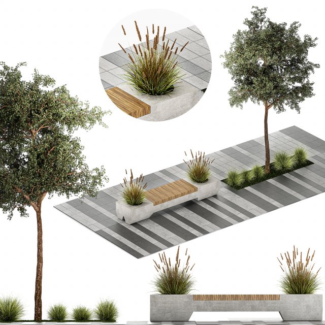 Tree and bushes with bench for outdoor environment 1146 3D Модель .c4d .max .obj .3ds .fbx .stl .blend 