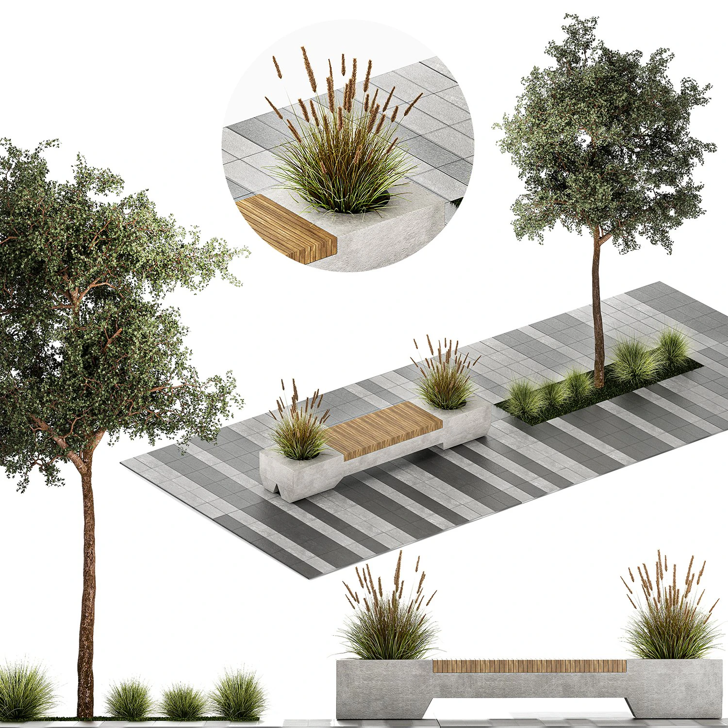 Tree and bushes with bench for outdoor environment 1146 3D Model .c4d .max .obj .3ds .fbx .stl .blend 