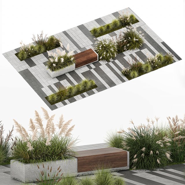 Bushes with bench for outdoor environment 1147 3D Модель .c4d .max .obj .3ds .fbx .stl .blend 