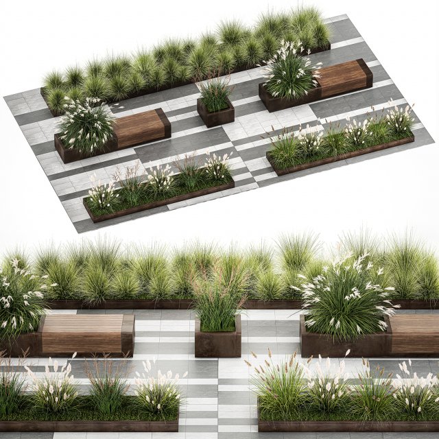 Bushes with bench for outdoor environment 1148 3D Модель .c4d .max .obj .3ds .fbx .stl .blend 