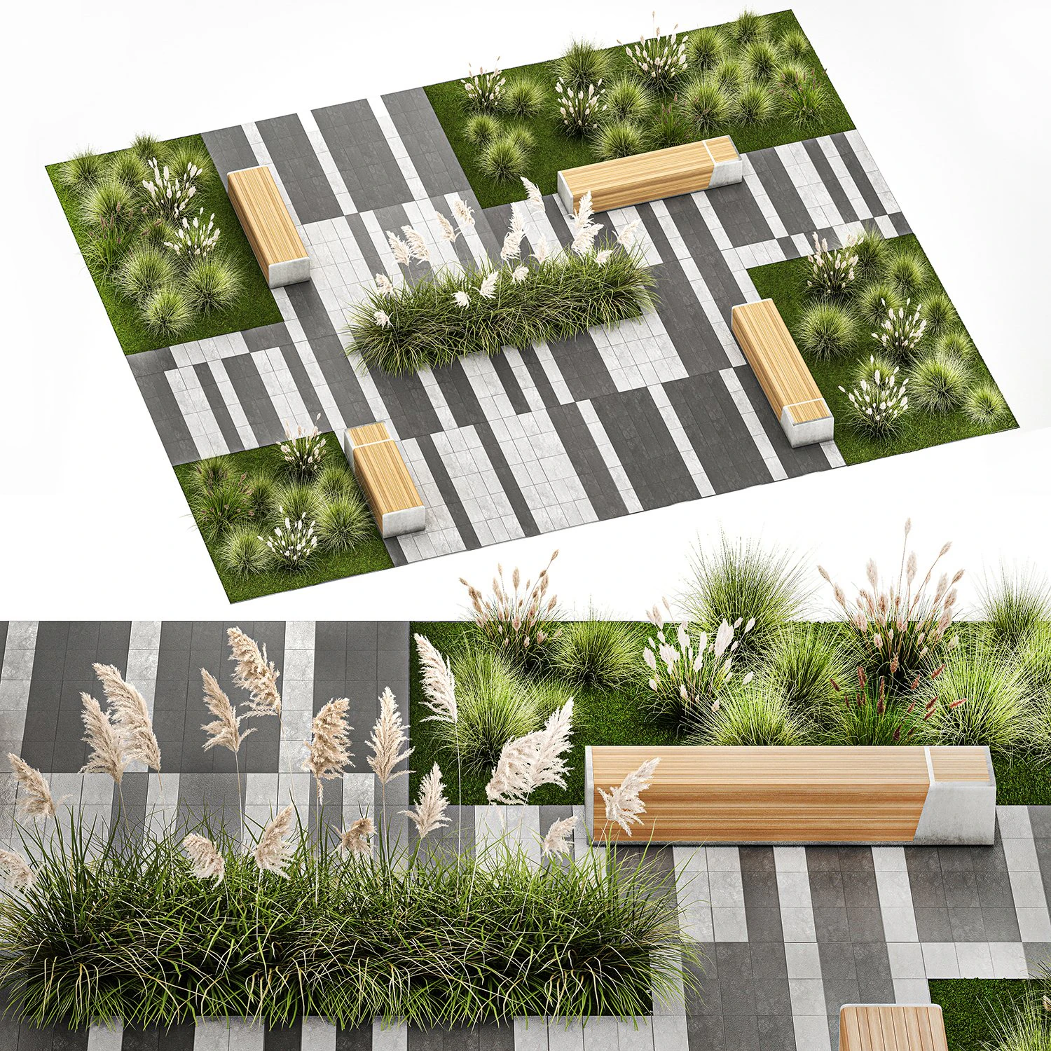 Arbustos e um banco com lajes para um urbano 1151 Modelo 3D .c4d .max .obj .3ds .fbx .stl .blend 