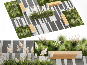 Bushes And A Bench With Paving Slabs For An Urban 1151 3D Model