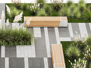 Bushes And A Bench With Paving Slabs For An Urban 1151 Model 3D