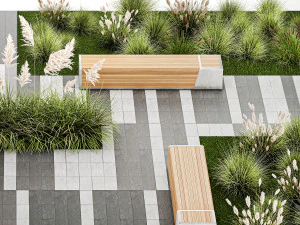 Arbustos e um banco com lajes para um urbano 1151 Modelo 3D