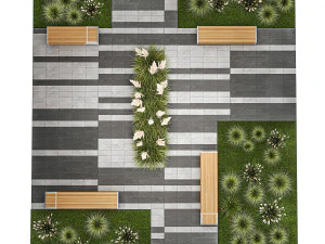 Arbustos e um banco com lajes para um urbano 1151 Modelo 3D