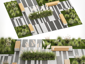 Bushes And A Bench With Paving Slabs For An Urban 1151 Model 3D
