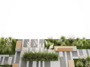 Arbustos e um banco com lajes para um urbano 1151 Modelo 3D