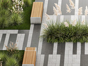 Arbustos e um banco com lajes para um urbano 1151 Modelo 3D