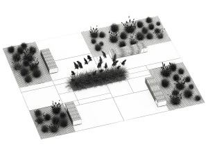 Arbustos e um banco com lajes para um urbano 1151 Modelo 3D