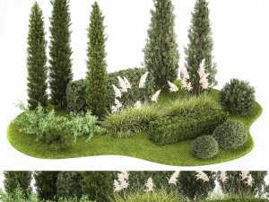 Jardim de thuja e ciprestes com arbustos de capim-pampa 1152 Modelo 3D